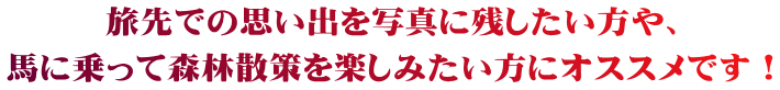 旅先での思い出を写真に残したい方や、 馬に乗って森林散策を楽しみたい方にオススメです！